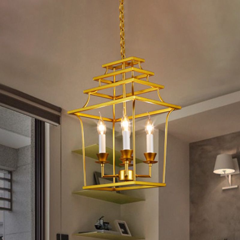 Golden Lantern Cage Hanging Lamp Vintage Stylish Metal 4 Lights Living Room Pendant Lighting