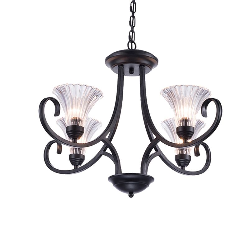 Bell Living Room Ceiling Chandelier Traditional Clear Ribbed Glass 4/6/8 Lights Black Hanging Fixture