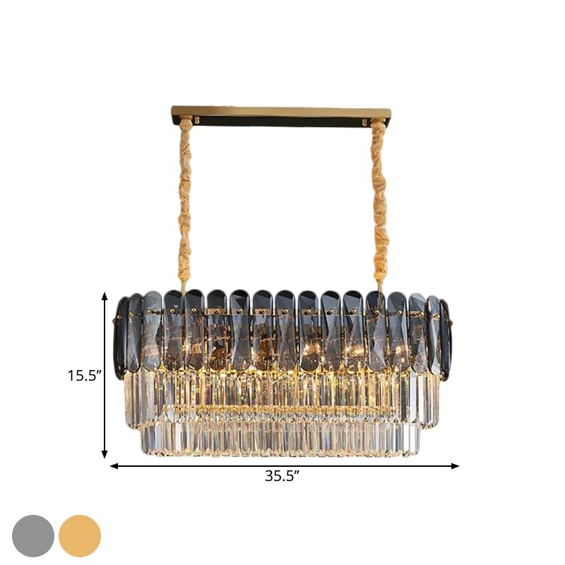 3-Tier Rectangular Dining Room Pendant Amber/Smoke Gray Crystal Block 12-Light Contemporary Island Lamp