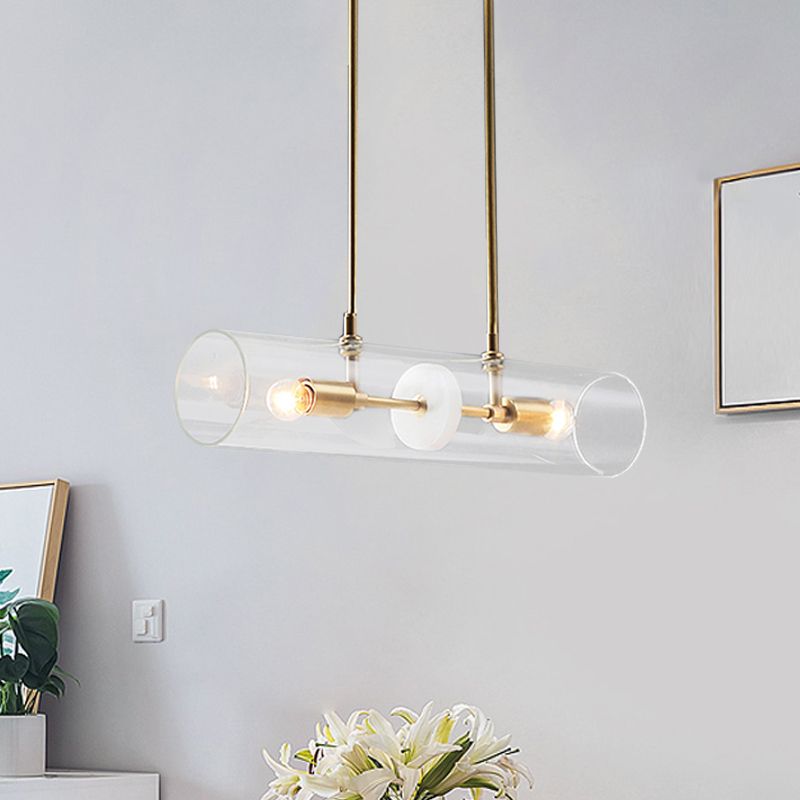 Clear Glass Horizontal Tube Island Pendant Minimalist 2 Heads Brass Finish Suspended Lighting Fixture