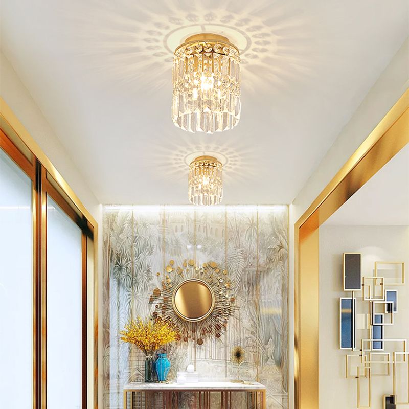 1-Light Corridor Mini Flush Lamp Simple Black/Gold Cylinder Crystal Ceiling Flush Mount