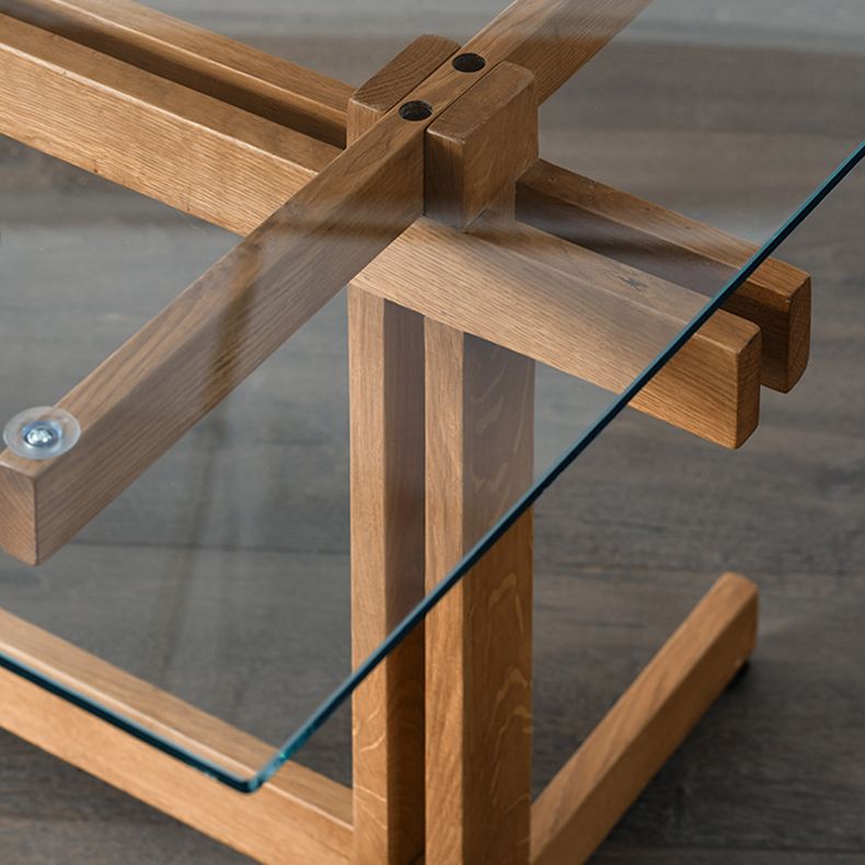 Clear Modern Rectangle Glass Dining Table with Solid Wood Trestle Base