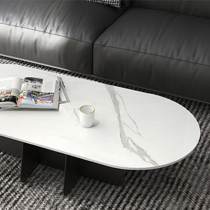 Glam Style Oval Coffee Table with Marble Top and Iron Base in Black