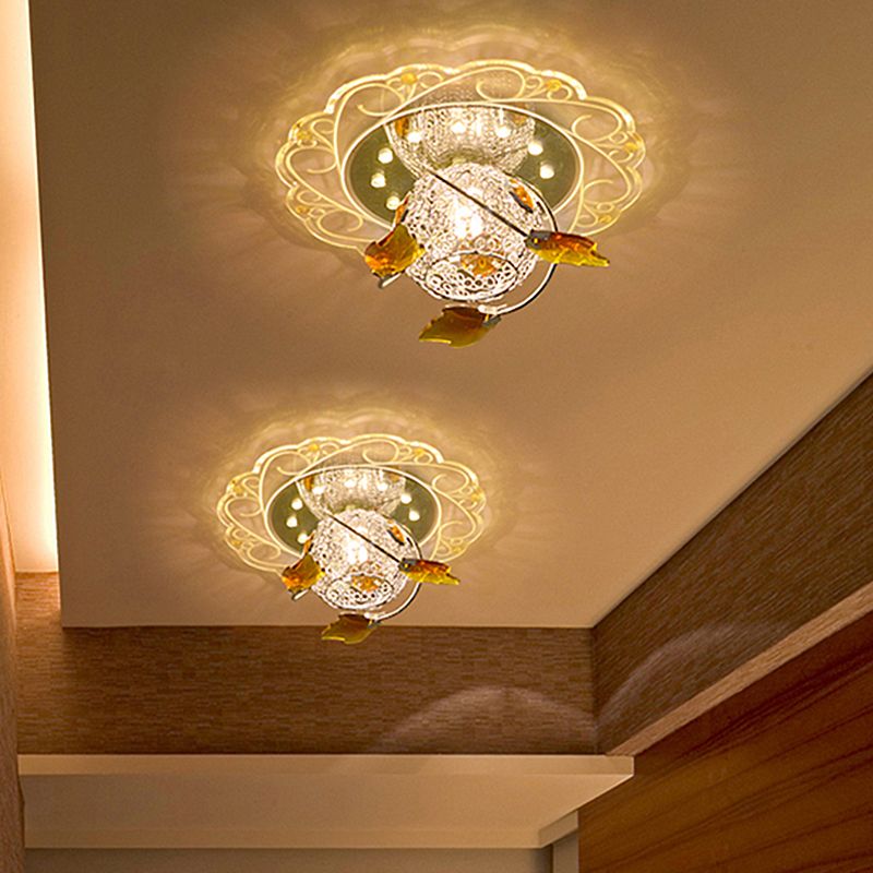 LED Hallway Flush Ceiling Light Simplicity White Scalloped Lighting Fixture with Globe Metal Shade