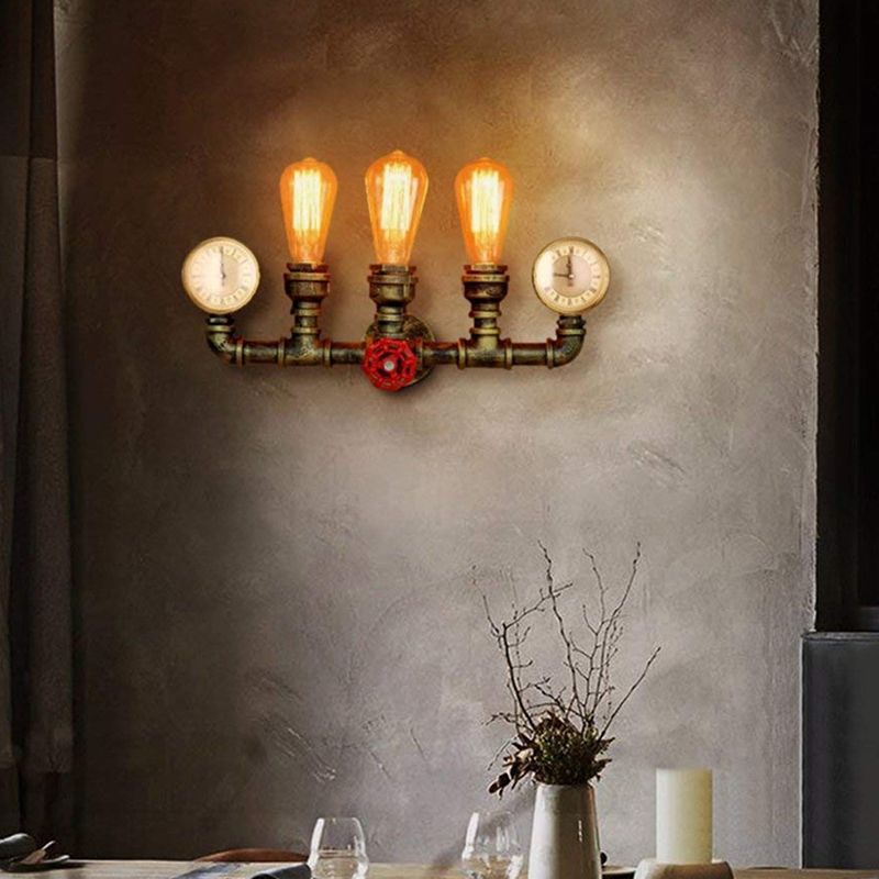 Bronze Pipe Wall Mount Light Warehouse Style Iron 3-Light Dining Room Wall Lamp with Pressure Gauge and Valve Deco