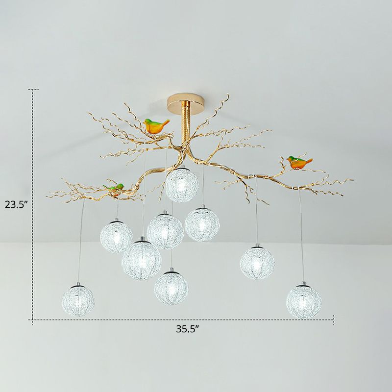 Kugelbaum -LED -Kronleuchter künstlerische Aluminiumdrahtgoldlampe mit Vogeldekorationen
