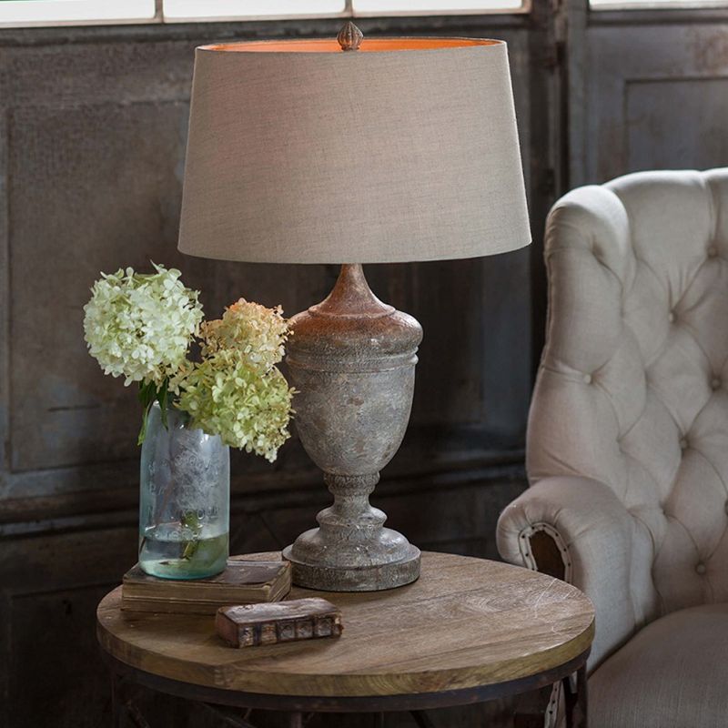 1-Bulb Drum Table Lighting Traditional Style Distressed White Fabric Night Lamp with Font Base