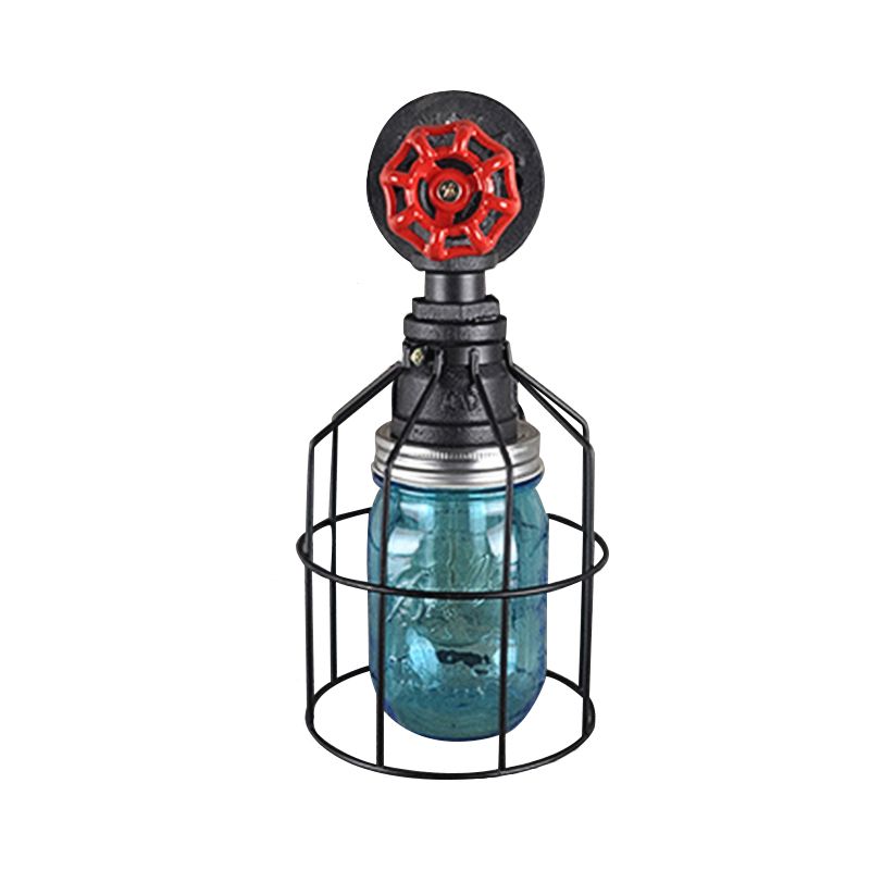 Vintage Caged Wall Light with Inner Jar Shade and Red Valve 1 Light Glass Sconce Lighting in Blue/Clear