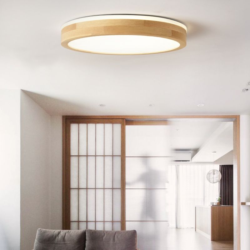 Wood Round Shape Flush Mount Light Modern 1 Light Flush Mount Lighting Fixtures in Brown