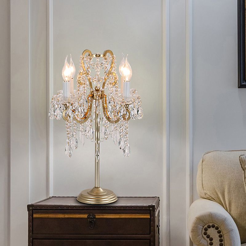 Lampada da tavolo in cristallo trasparente bianco/oro con braccio piegato, lampada notturna in stile rurale a 2 luci per soggiorno