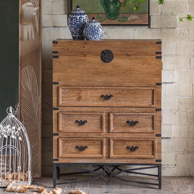 Brown Accent Cabinet Wood and Metal Chest with Storage Drawers