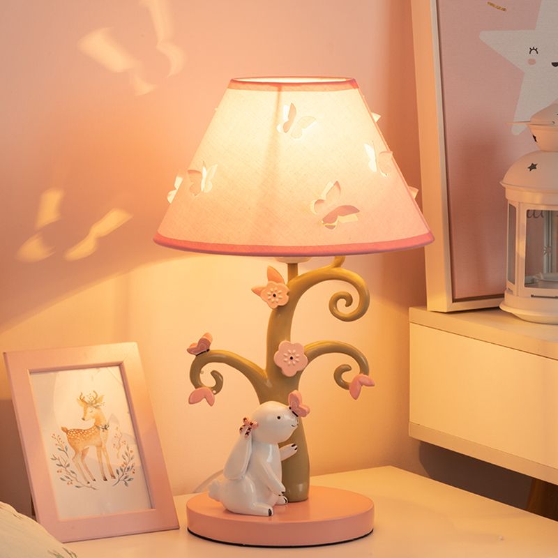 Kids Rabbit and Tree Table Lighting Resin Single Girl's Bedroom Night Light with Wide Cone Fabric Shade in Pink