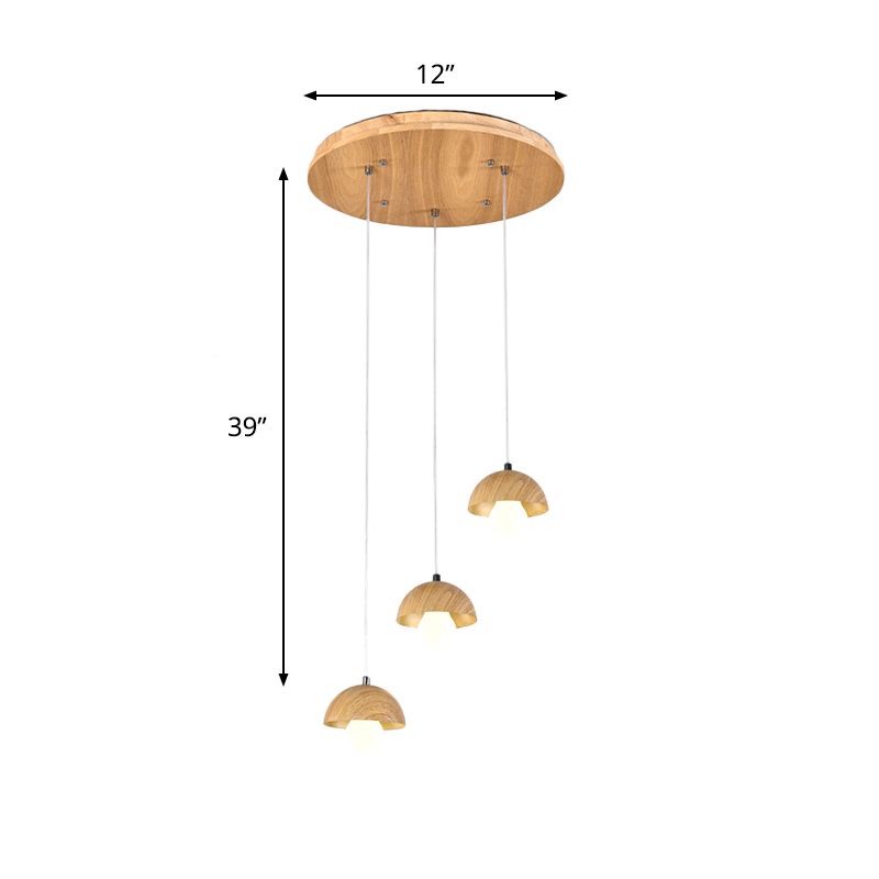 Wood Dome Multi Light Pendant Chandelier Modern 3 Bulbs Beige Hanging Ceiling Lamp