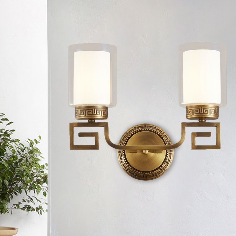 2 Bulbs Wall Sconce Light Traditional Dual Cylinder Clear and White Glass Wall Mount Lighting in Brass
