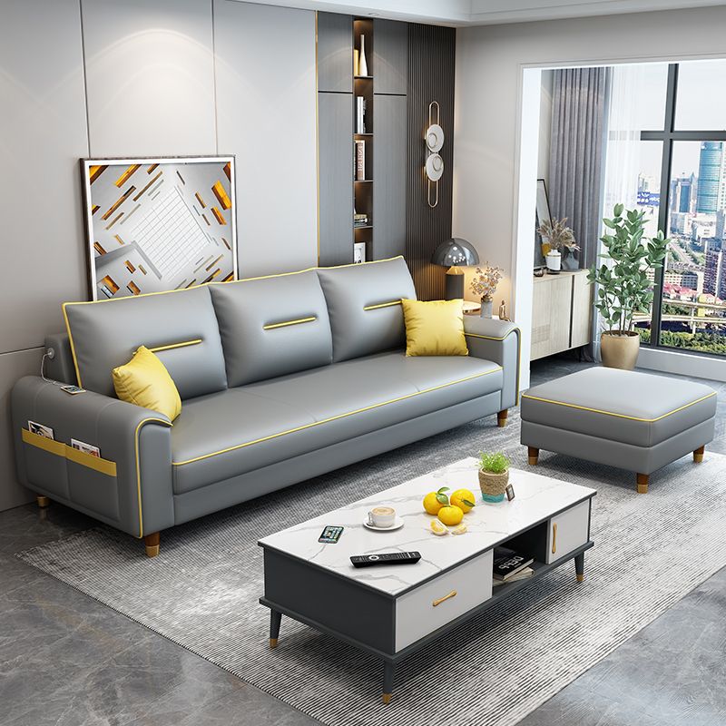 Nordic Leather Sofa with Bolster Pillows Single Cushion Seat Square Arm for Living Room