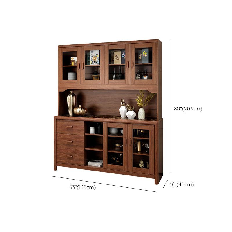 Ultra Modern Rubber Wood Dining Hutch Glass Doors Storage Cabinet with Drawers