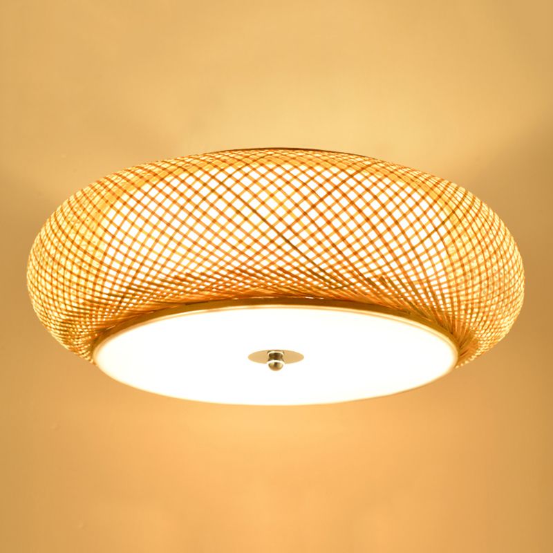 Asian Bamboo Flush Mount Lighting Rounded Drum Ceiling Lamp for Living Room