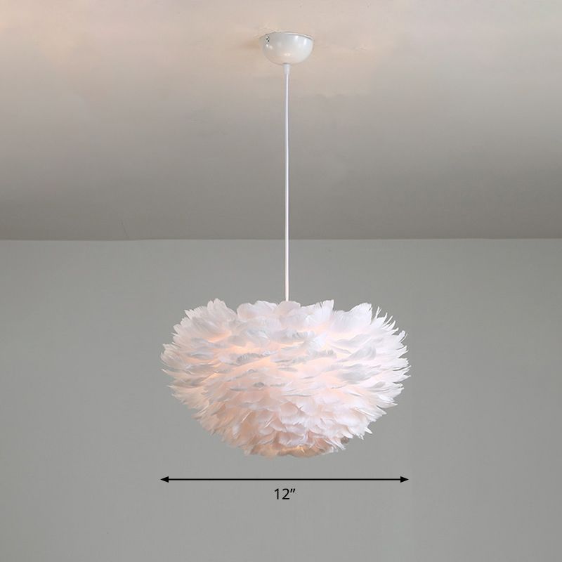 Feather Hemispherical Pendant Lamp Minimalism Feather White Suspension Light for Bedroom