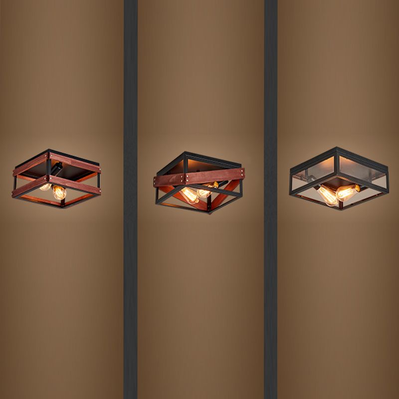 Metal Square Flush Mount Light Industrial 2 Lights Flush Mount Ceiling Fixture in Black