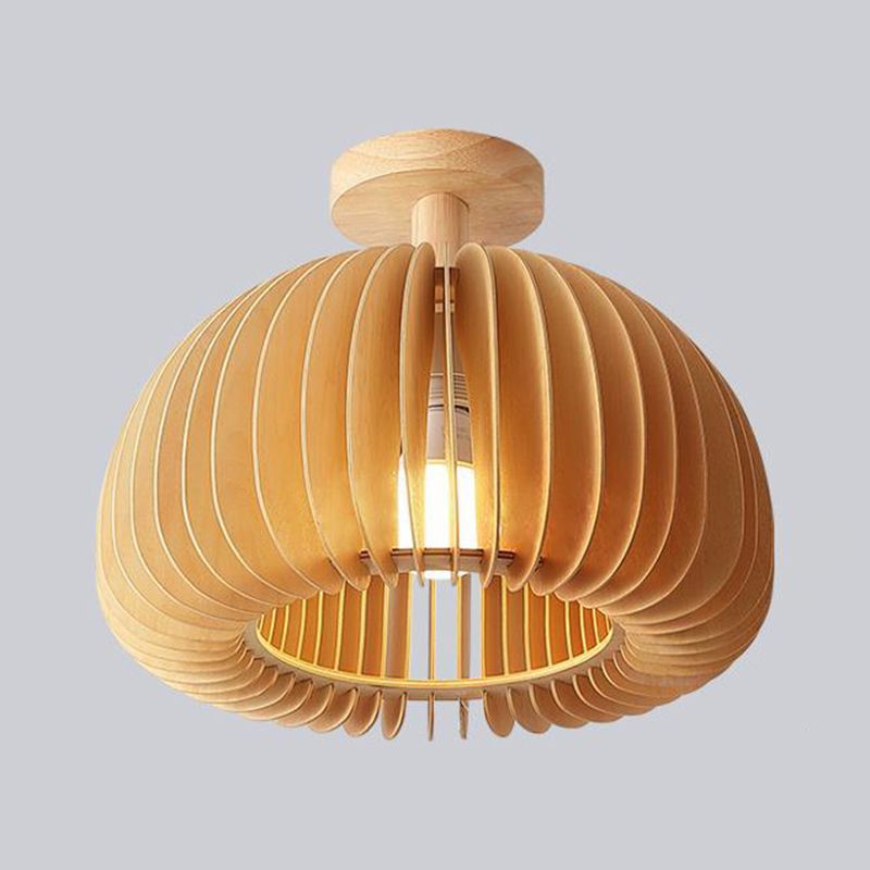 1-Light Ceiling Light Modern Ceiling Mount Light with Wood Shade for Living Room