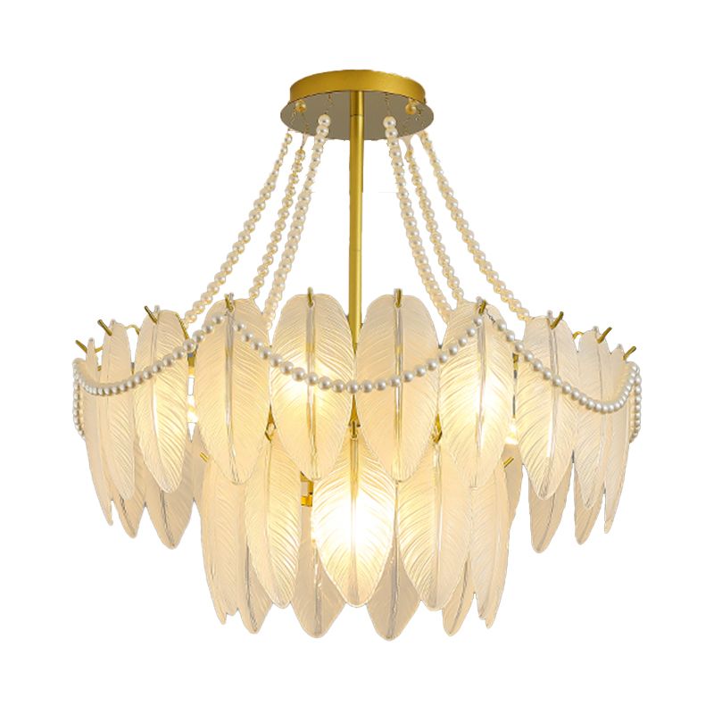 Modern Metal Ceiling Light Feather Shape Hanging Light with Glass Shade for Living Room