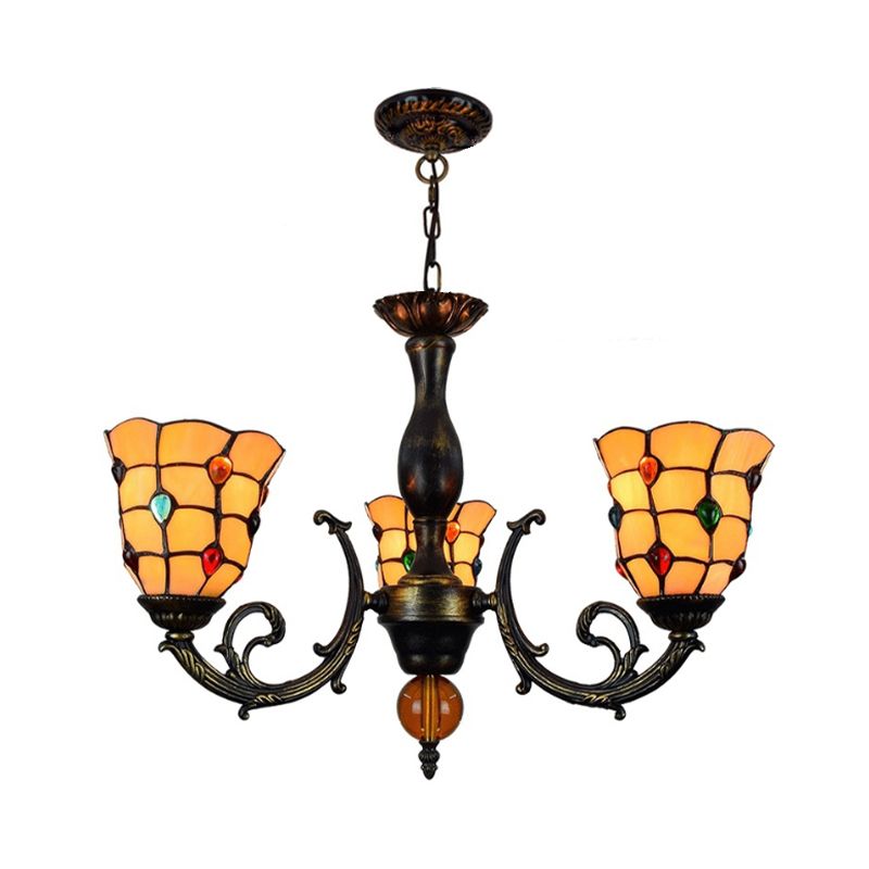 3 Heads Bell Hanging Pendant Rustic Stained Glass Chandelier Light with Jewel Pattern in Yelllow