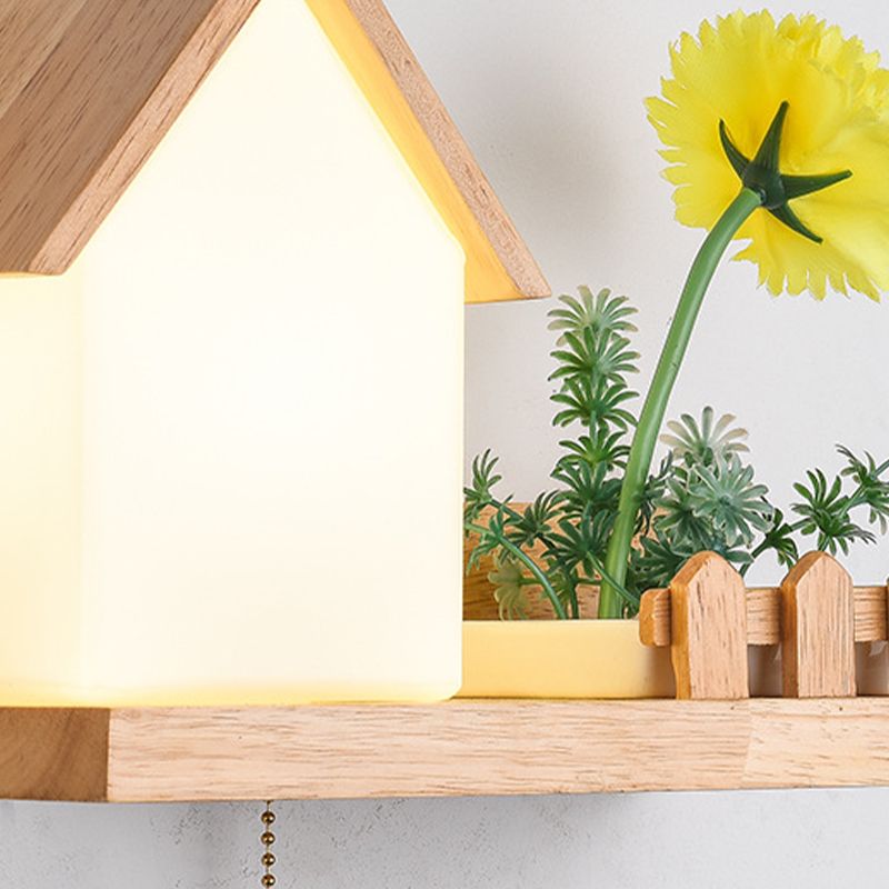 Modern Style House Shape Wall Light Wood 1 Light Sconces for Bedroom without Plant