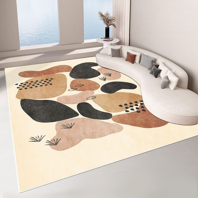 Beige Living Room Area Rug Color Block Polyester Area Carpet Non-Slip Backing Area Rug