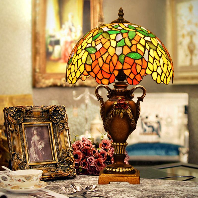 1 Light Desk Lamp Baroque Wisteria Stained Art Glass Night Table Lighting in Bronze with Trophy Base