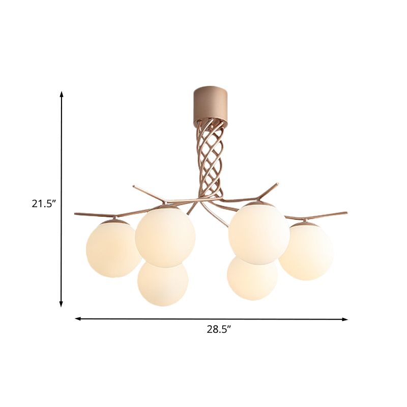 Zeitgenössischer spiraler Kronleuchter leichter Eisen 6-Herz-Pendelland in Roségold mit kuscheliger weißer Glasschatten