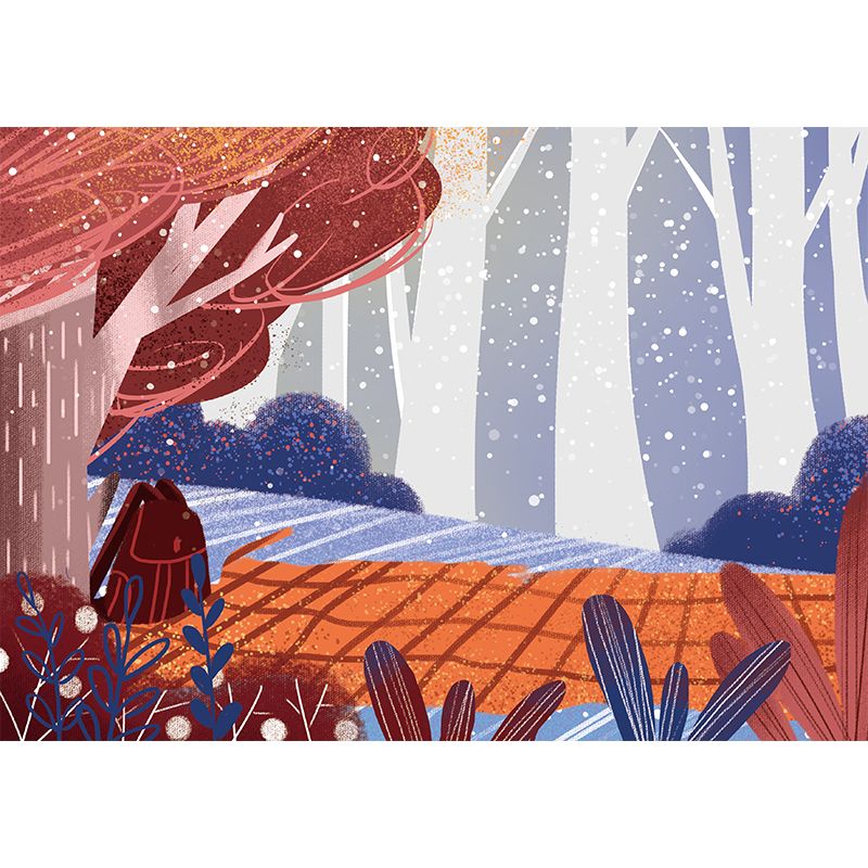 Picnic in the Forest Mural Blue-Brown Childrens Art Wall Covering for Bedroom, Non-Woven Cloth