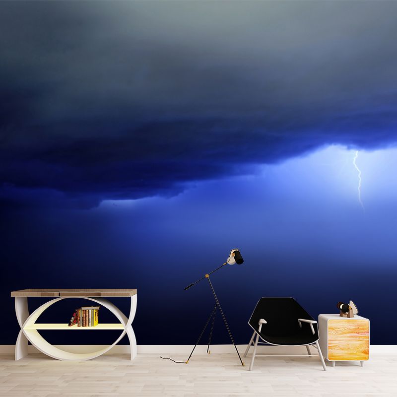 Lightning Strike from Clouds Mural Blue-Black Modern Wall Art, Custom Size Available