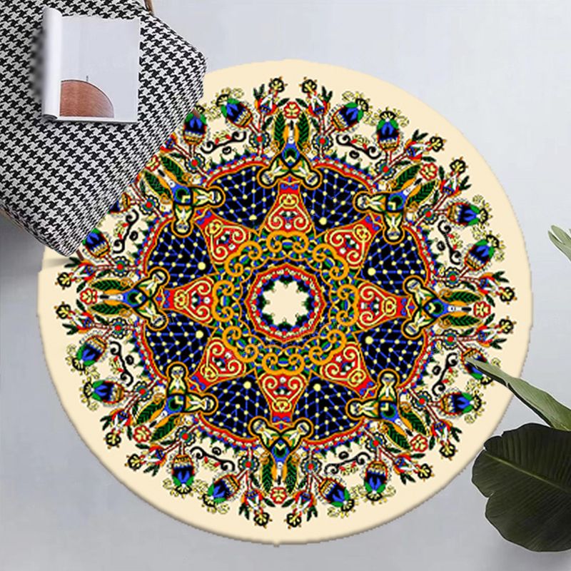 Round Moroccan Indoor Rug Polyester Floral Print Carpet Non-Slip Backing Rug for Home Decoration