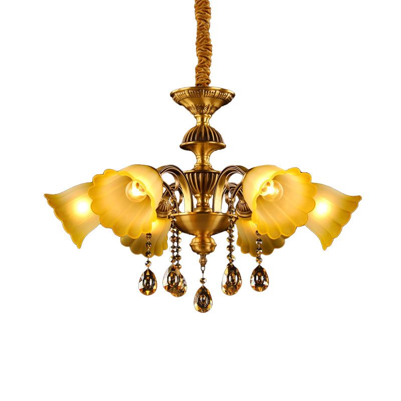Floral Shade Hanging Chandelier European 6 Bulbs Glass Hanging Pendant Light in Brass