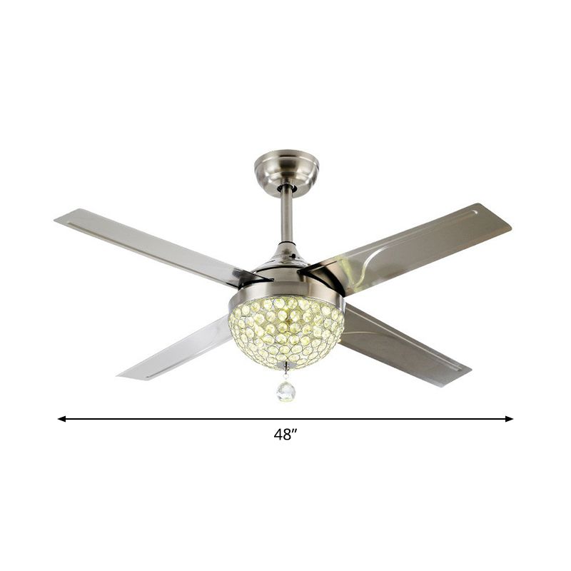 48" Wide LED Crystal Pendant Fan Lamp Rustic Nickel Domed Living Room Semi Flush Light with 4 Blades