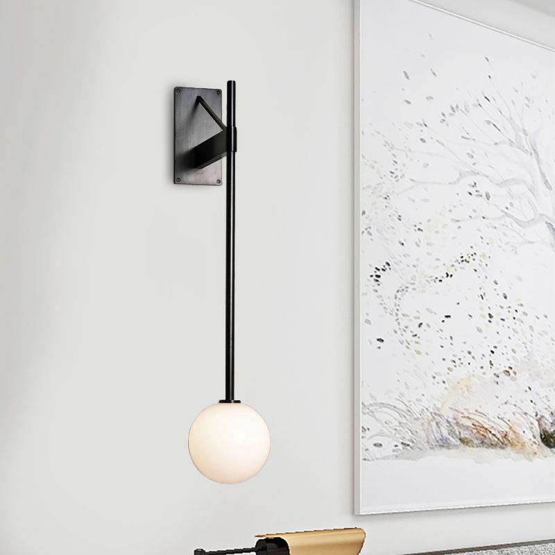 Round Sconce Modern Milk Glass 1 Bulb Black Wall Mount Light Fixture with Metal Pencil Arm