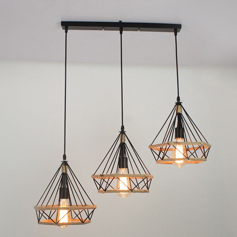 Luz de la isla de cuerda de cáñamo vintage con sombra de hierro de 3 luces restaurantes lámpara de suspensión