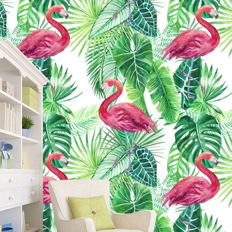 Tropical Leaves and Flamingo Mural Wallpaper for Home Decor, Pink and Green, Personalized Size Available