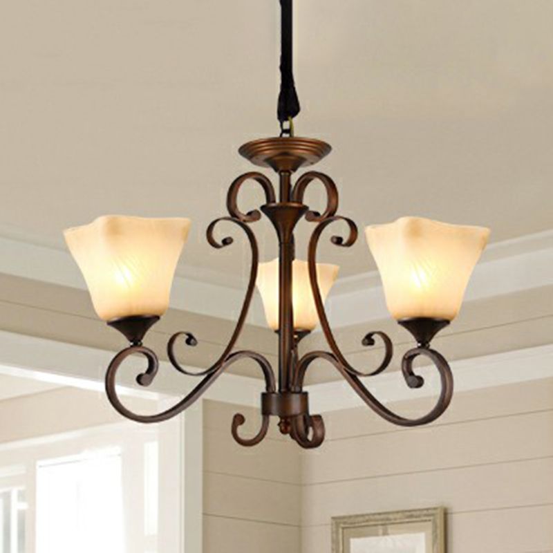 Traditional Bell Ceiling Lighting Opal Glass Chandelier Light Fixture with Scroll Arm in Copper