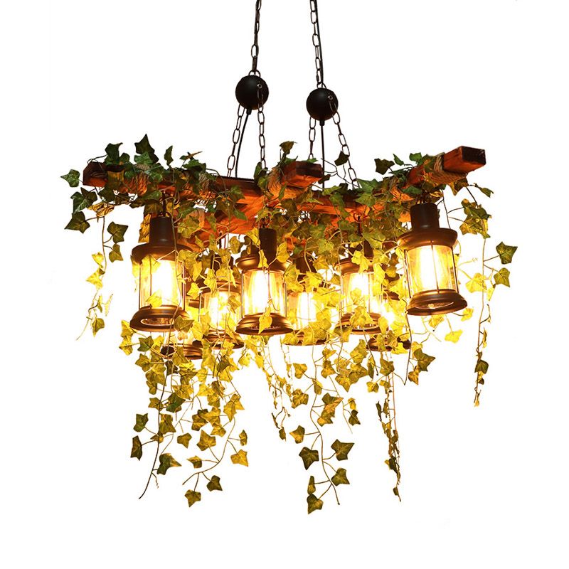 8 lumières Lantern Island Light Industrial Black Metal Sanging Lamping avec décoration végétale