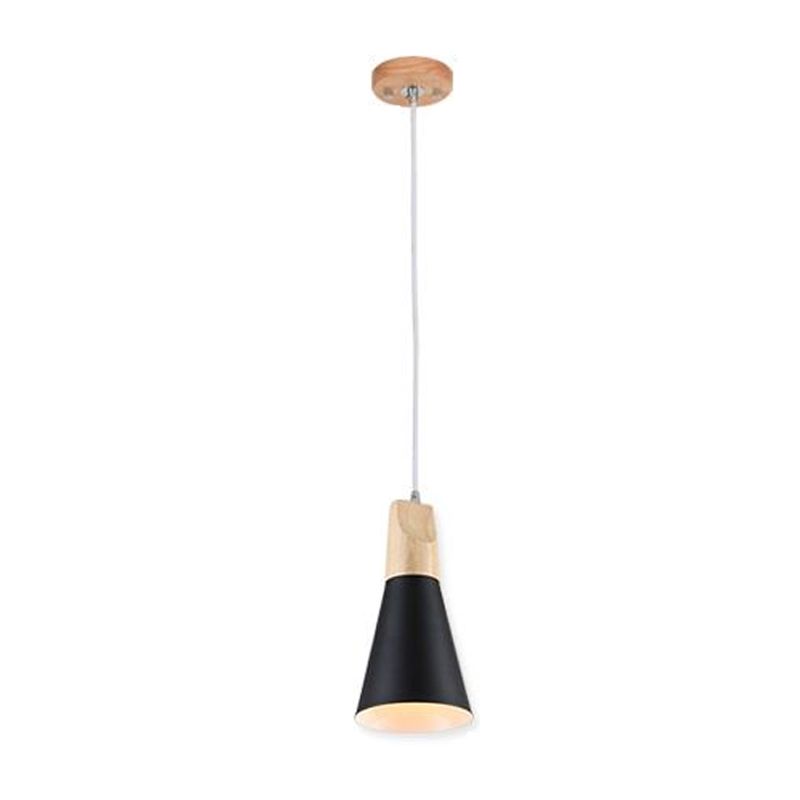 Modern Nordic Macaron Pendant Light Wooden Tapered Hanging Lamp with Wrought Iron Shade