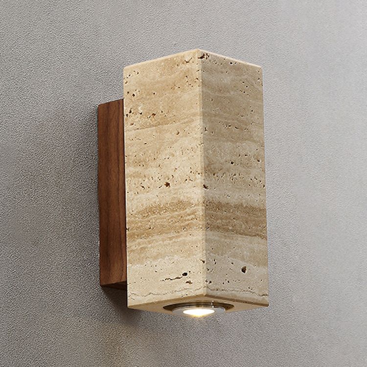 Japanese Style Stone Wall Light Cube Shape Wall Sconce with Wood for Bedroom