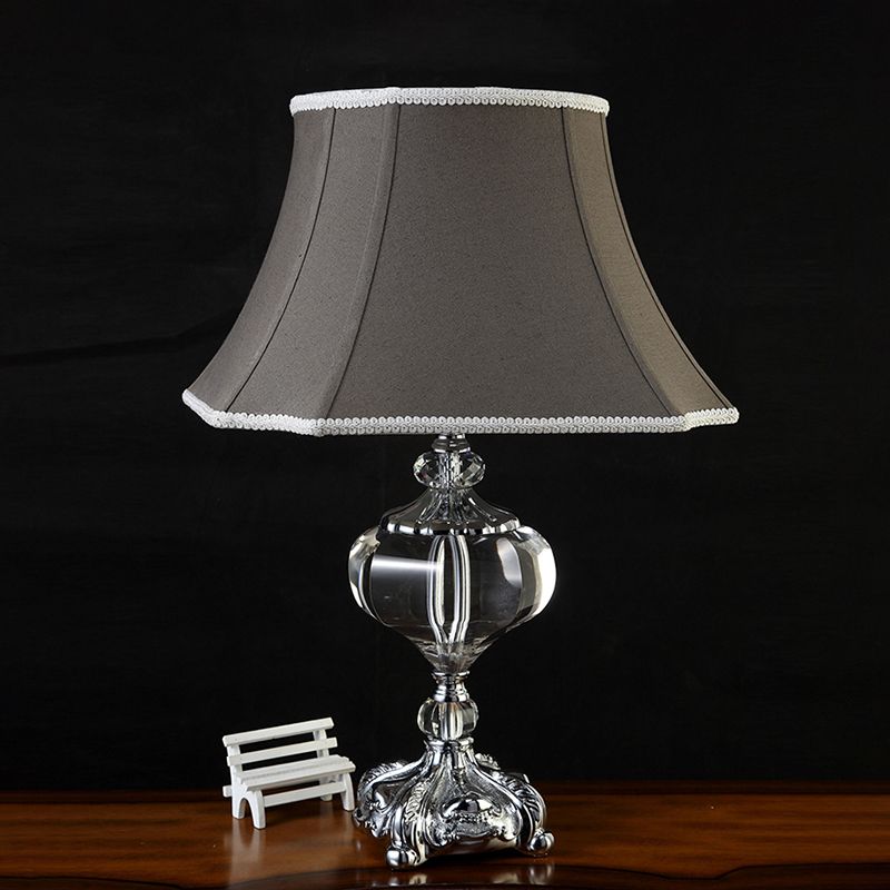 Fabric Grey Night Light Flared Single Head Traditionalism Nightstand Lamp with Crystal Base