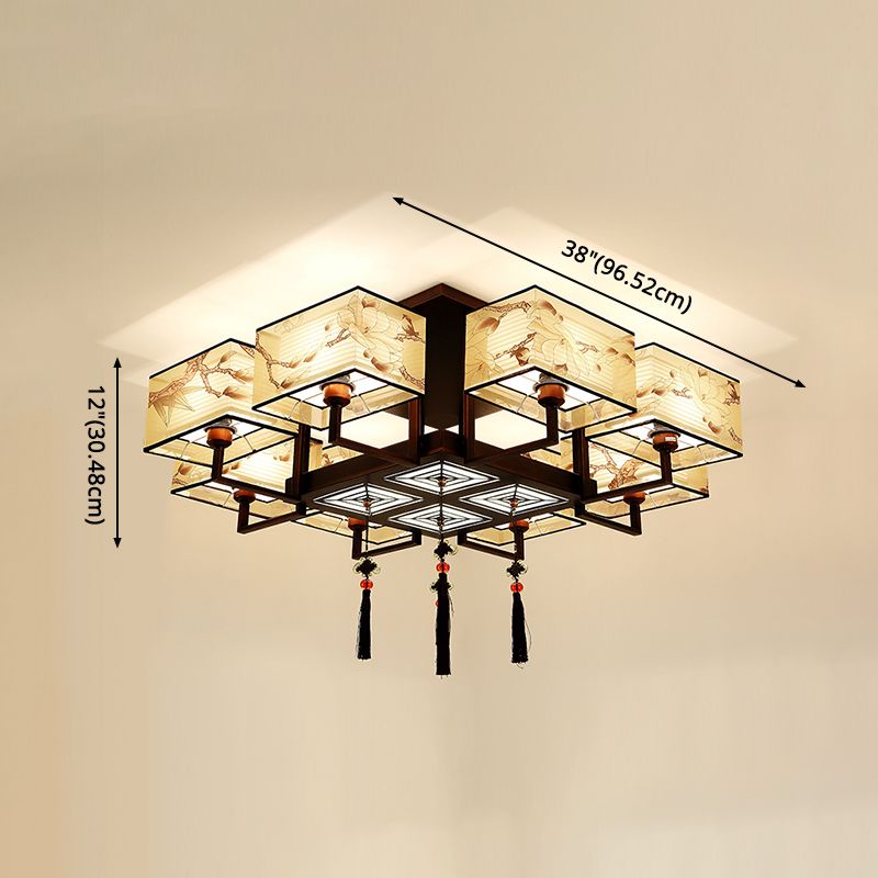 Braune Halbflush -Mount -Lampe Traditioneller Stil Schmiedeeisen Deckenleuchte mit quadratischem Stoff Schatten