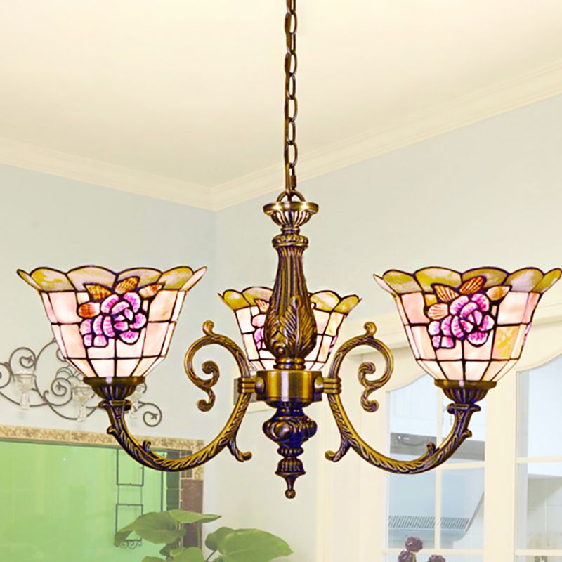 Forme de cloche suspendu lampe rétro en vitrail 3 têtes Lumière de lustre de fleur avec chaîne pour chambre à coucher