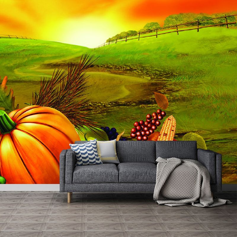 Food Harvest at Dusk Murals Wallpaper Farmhouse Non-Woven Wall Covering in Orange-Green