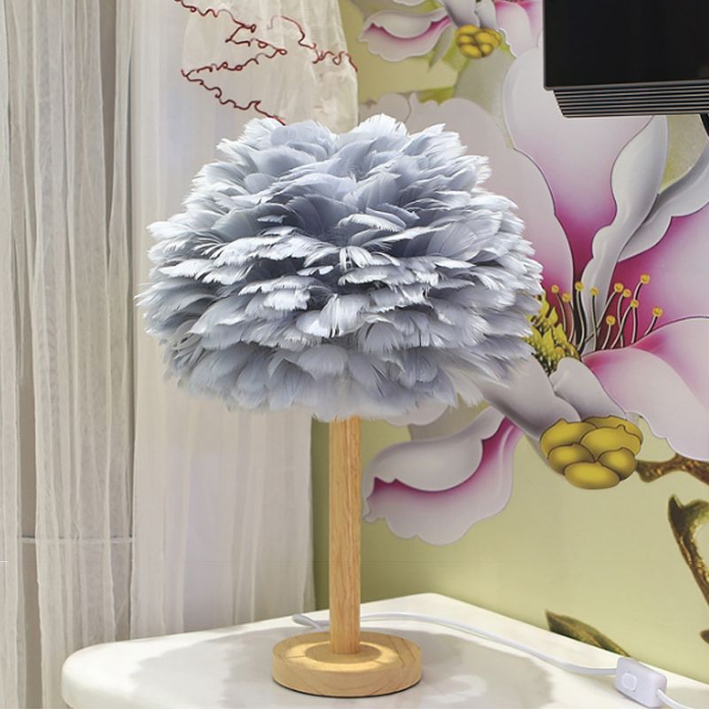 Feather Flower-Like Night Lamp Modern 1-Light Grey/Blue/Burgundy and Wood Table Light for Bedroom