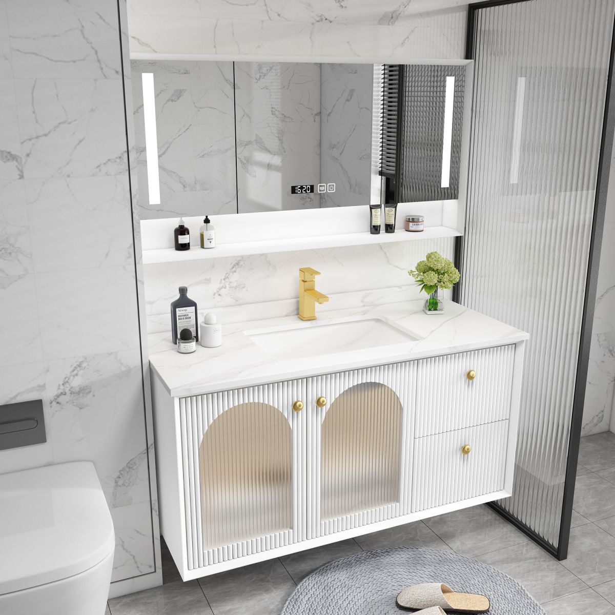 Waterproof Bathroom Vanity Rectangle Single Sink Wood Frame Wall-Mounted Drawers Vanity