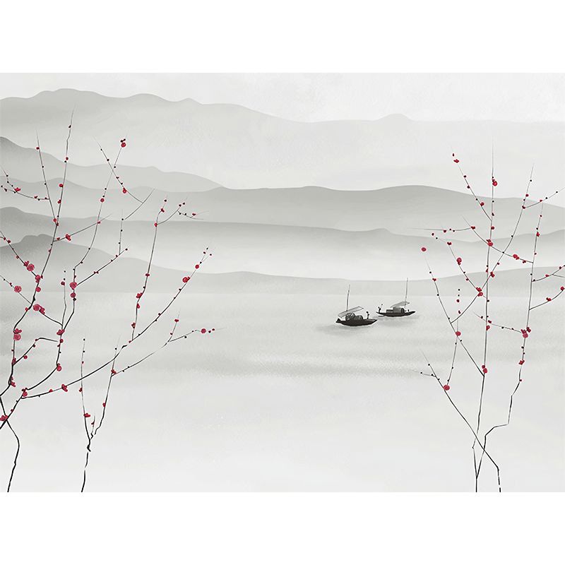 Full Illustration Boat and Mountain Mural for Home Decoration, Soft Grey, Custom-Printed