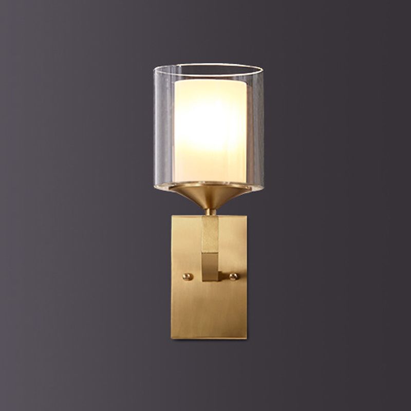 1 Bulb Wall Lamp Fixture Colonial Style 2-Tier Cylindrical Clear and Opal Glass Sconce Lighting in Brass